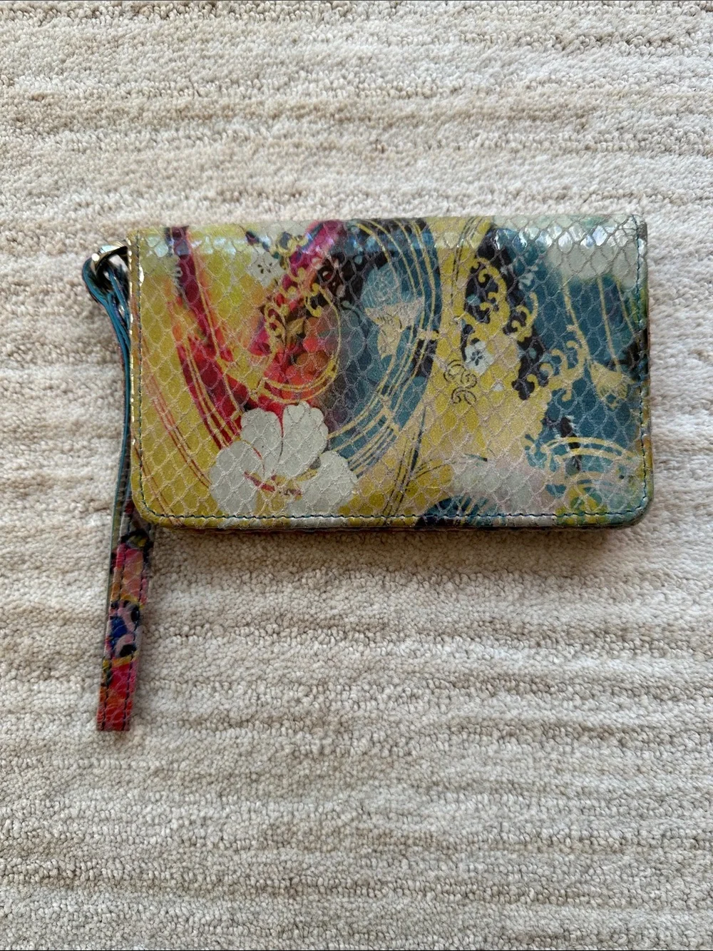 Hobo International Leather Wristlet Wallet Snakeskin Embossed Floral Multicolor